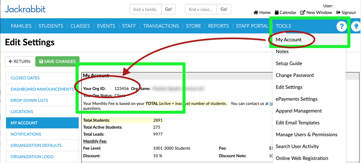 Org Id from jackrabbit Dashboard